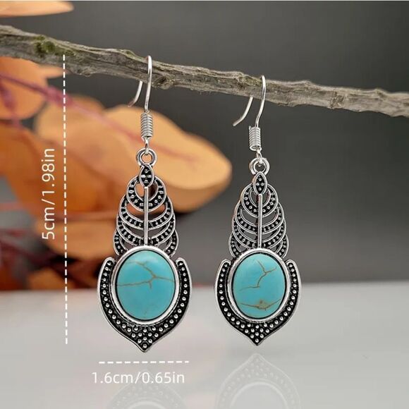 Retro Leaf Design Inlaid Faux Turquoise Earrings - Picture 3 of 3